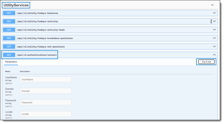 Swagger UI > Utility > Connect API (REST)