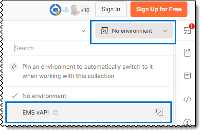 Postman UI > Environment selection